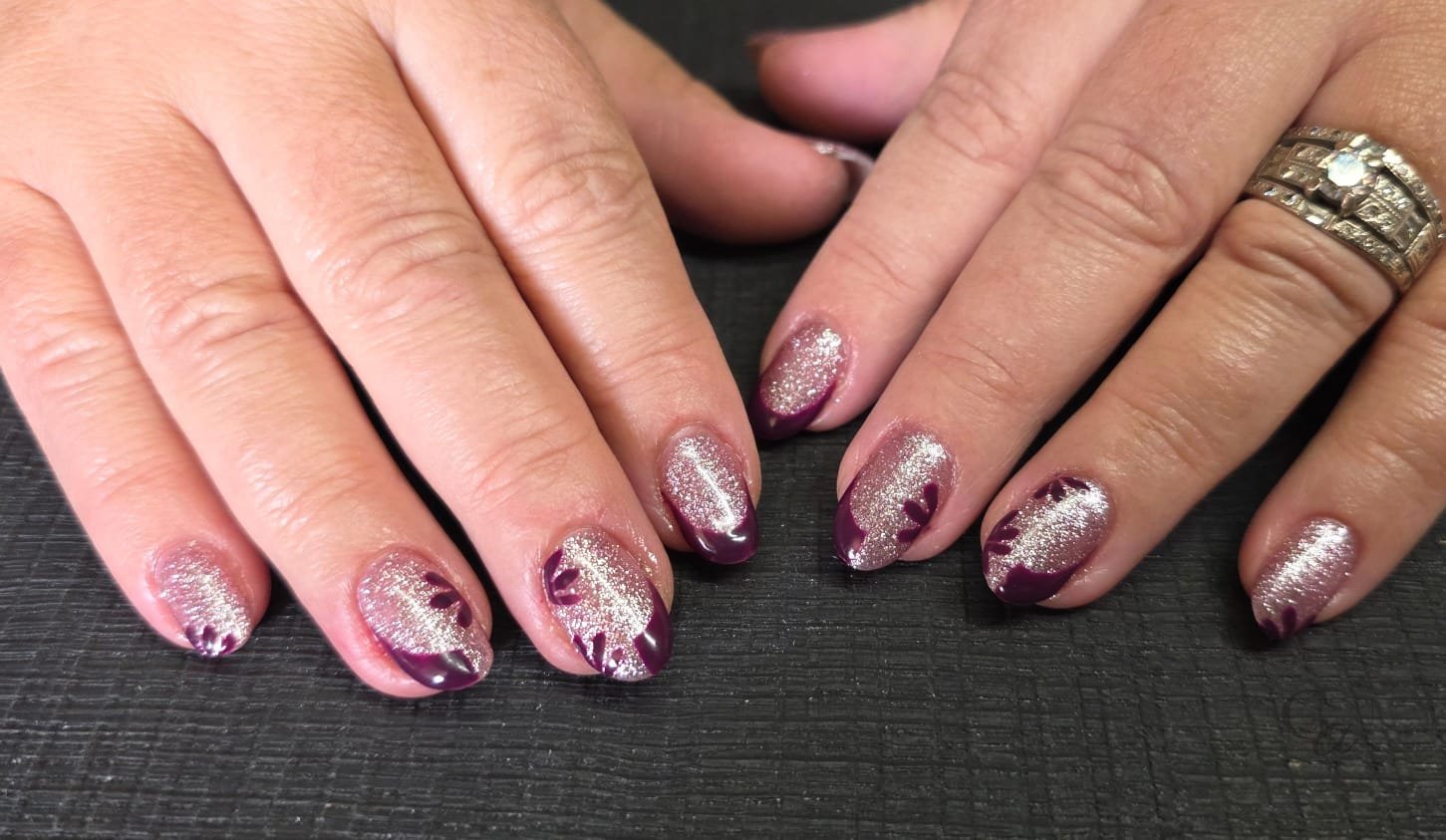 Plum French with silver glitter and hand-painted petals.