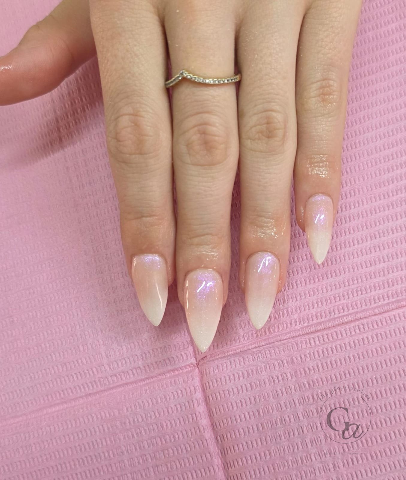 Milky pink-to-white baby-boomer ombré on stiletto nails.