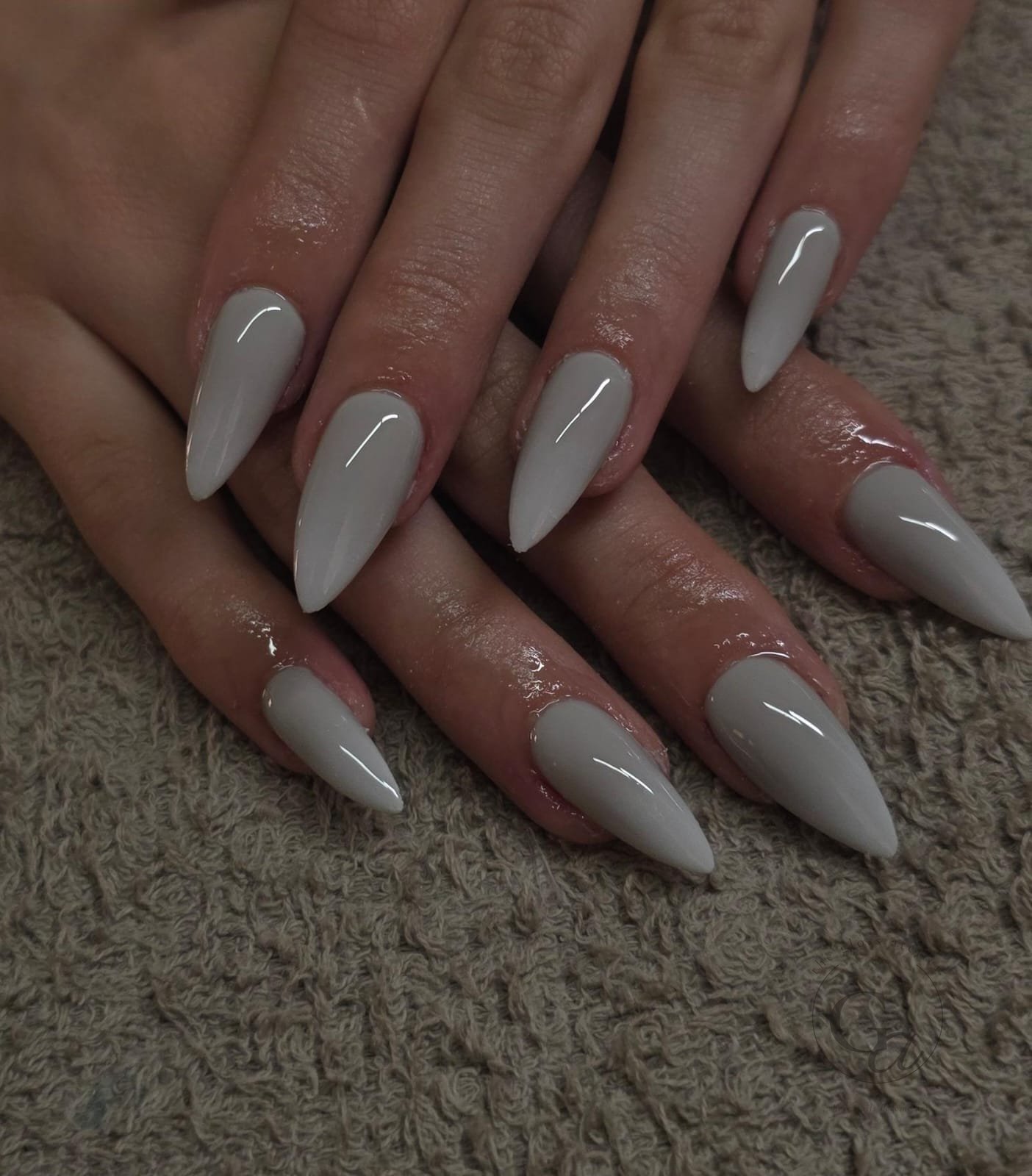 Dove-grey gloss on long stiletto nails.