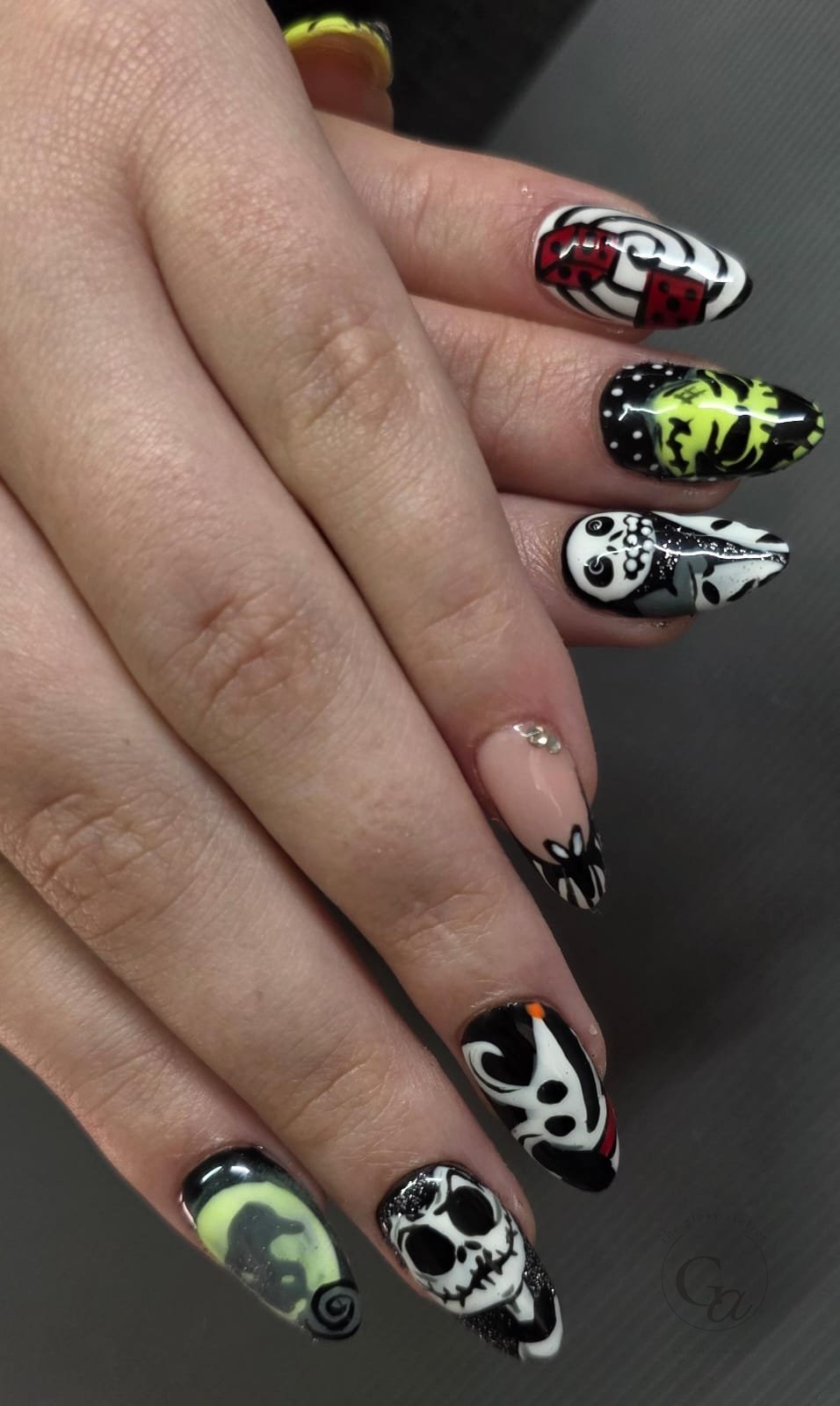 Hand-painted Halloween set with Jack Skellington, Oogie Boogie, dice and spirals.